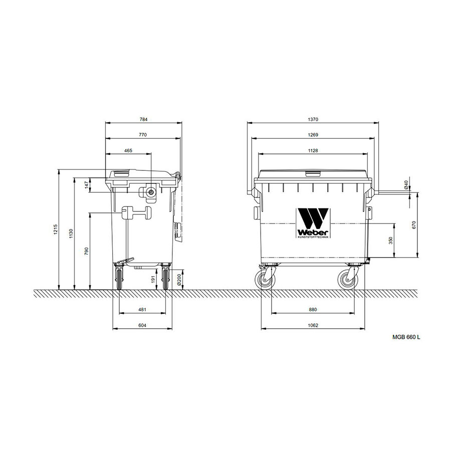 Affaldsbeholder i plast 660 Liter. Grå/Hvid