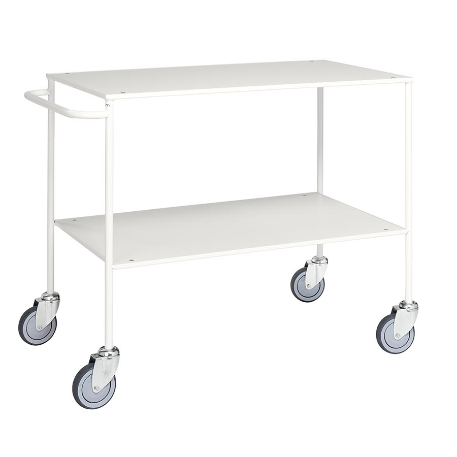 Serveringsvogn med 2 hvide hylder og hvidt stel