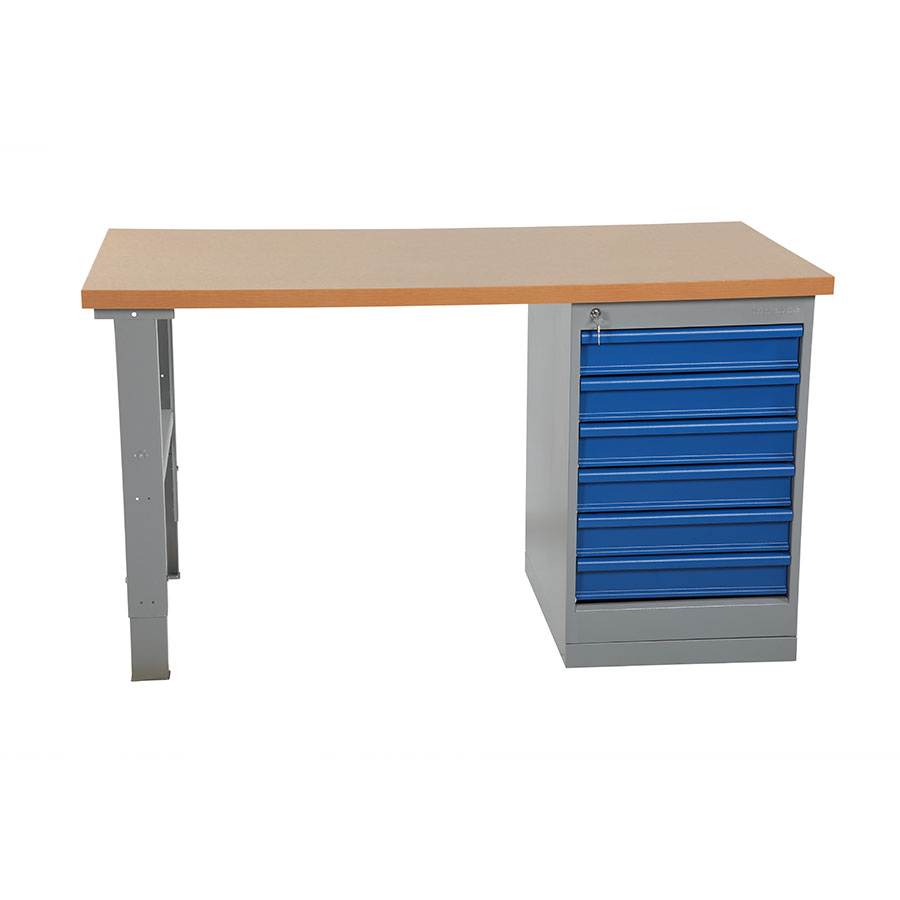 Arbejdsbord, oliehærdet plade med 6 skuffekabinet.