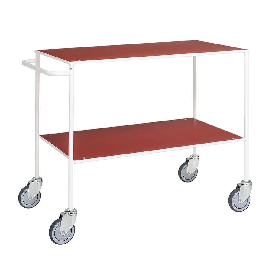 Serveringsvogn med 2 røde hylder og hvidt stel