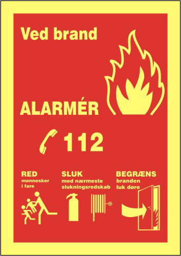 Skilt; Ved brand alamér 112 selvklæbende A4