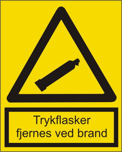 Skilt; Trykflasker fjernes ved brand selvklæb. A5
