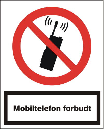 Skilt; Mobiltelefoni forbudt selvklæbendeende A4