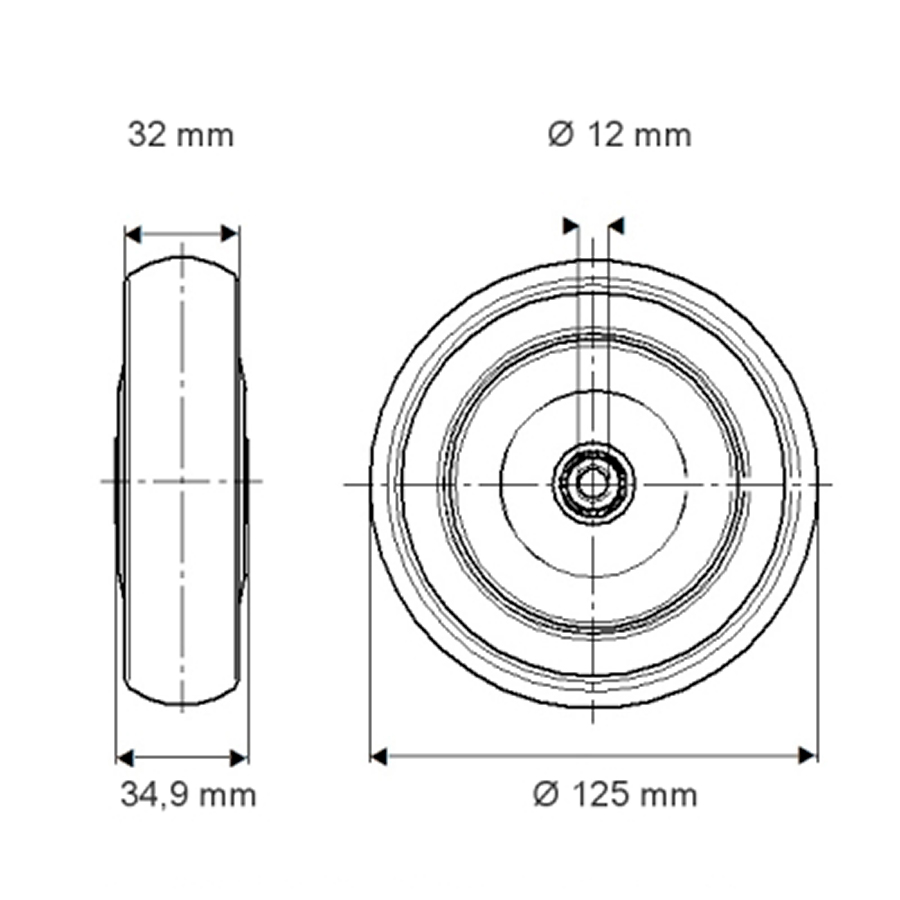 LØS TENTE HJUL PJO 125 X 32 mm.