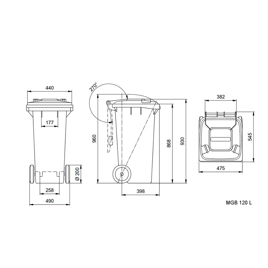 Affaldsbeholder i plast 120 Liter. Grå/Brun